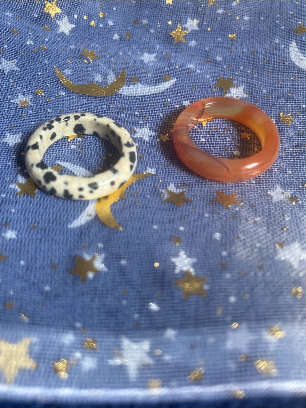 Dalmatian Speckle Cream Ring & Marbled Orange Resin Ring - Women’s Fashion Set